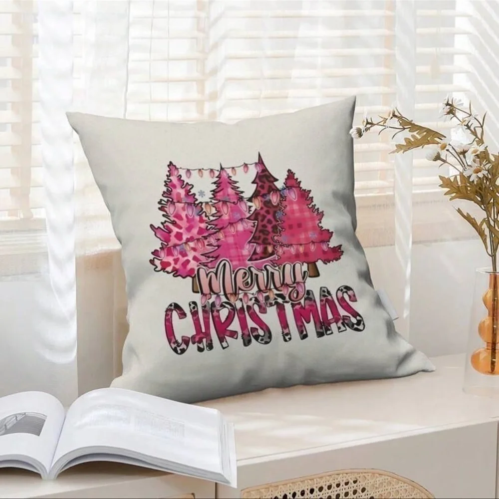 PINK LEOPARD CHRISTMAS TREE MERRY CHRISTMAS PILLOW COVER WITH ZIPPER